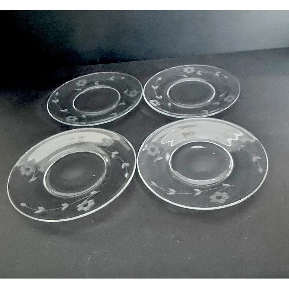 (4) Libbey‎ Halifax By Rock Sharpe Clear Floral Etched Glass Dessert Plate